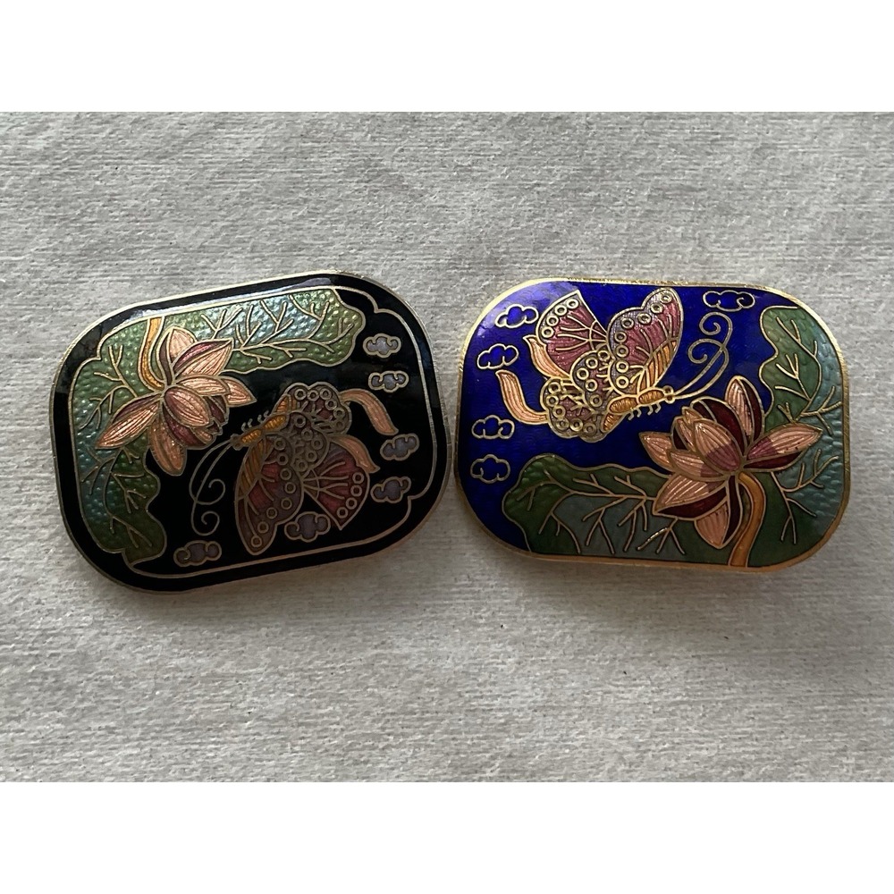 Lot Of 2 Vintage Enamel Cloisonné Scarf Clip Or Slide Estate Jewelry